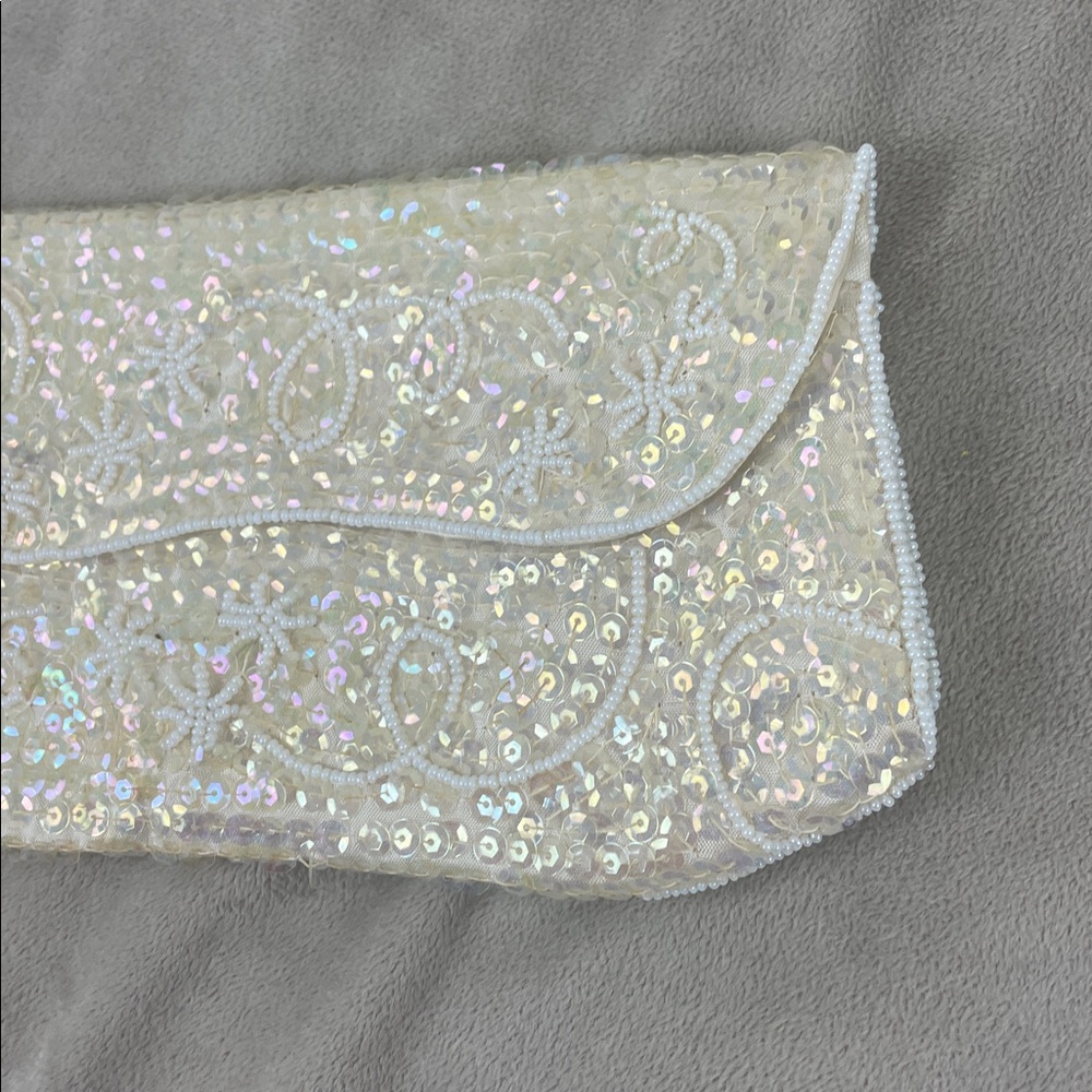La Regale Vintage Japanese Clutch Cream Sequin White Beaded - Picture 4 of 10